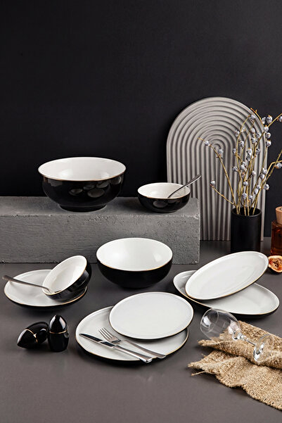 GÖNÜL 55 Parça 12 Kişilik Gold Siyah Bone China Porselen Yemek Takımı, Gold Y...