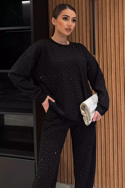 PRENSES Μαύρο πέτρινο διπλό σετ γυναικείο άνετο κοστούμι Φαρδιά μπατζάκια τεμ...