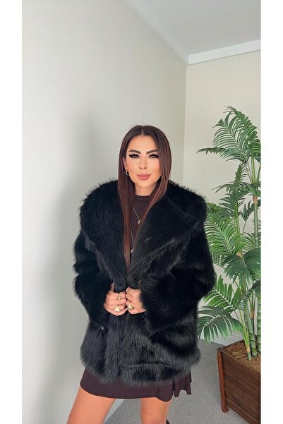 DİDEM GÜLTAKTI Veronica Kadın Geniş Yaka Siyah Kürk