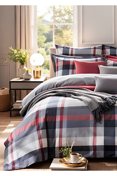 remtex طقم غطاء لحاف مفرد منقوش باللونين الرمادي والأحمر - السلسلة الحديثة