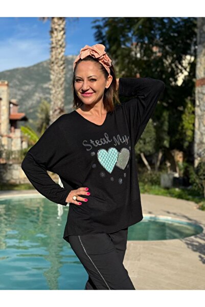 Punta Otantik YG27060 Ιταλική πλεκτή μπλούζα με στάμπα διπλής καρδιάς, μαύρη