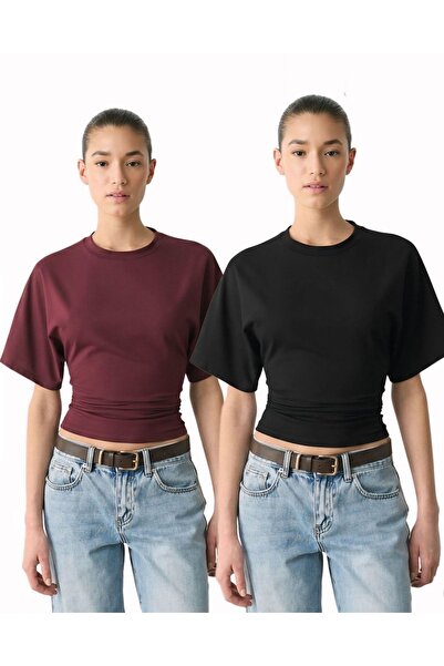 ossons Bel Oturtmalı Yarasa Kol Pamuklu T-shirt - 2'li Set Siyah-Mürdüm