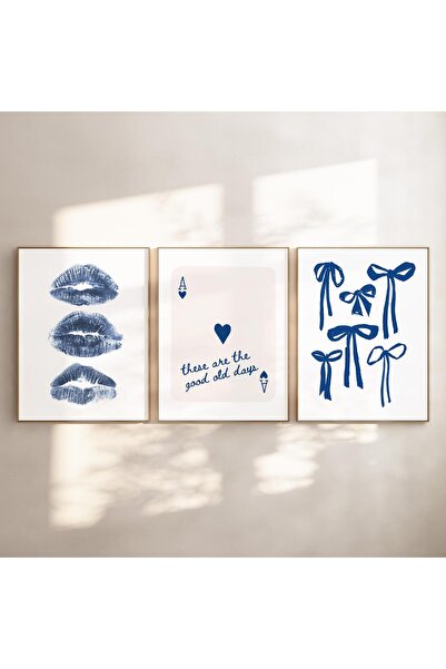 NinaStore Lacivert Baskılı 3'lü Set / Modaya Uygun Mavi Kurdeleli Poster / Re...