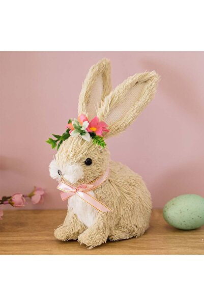OEM Figurina Decorativa de Paste Iepure din Iarba cu Flori & Panglica Roz 9x1...
