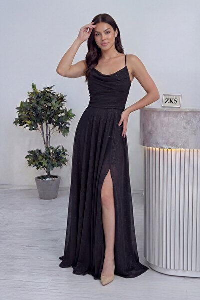 the ZKS Kadın Askılı Ön Drapeli Yırtmaçlı Simli Abiye Elbise Mürdüm, Lila, Si...