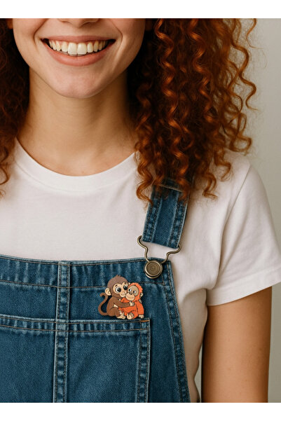 gokmentoy Maymun Punch Ahşap El Boyaması Broş