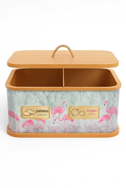 FeyzaDesign İki Bölmeli Bambu Patates ve Soğanlık, Dikdörtgen Flamingo Desenl...