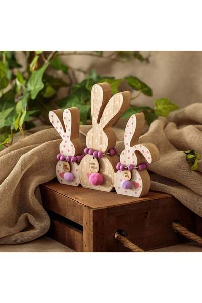 OEM Decoratiune de Paste din Lemn cu 3 Iepurasi Buline Pompon Happy Easter 15x2x15cm