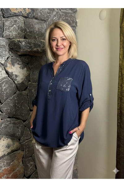 Punta Otantik Nc15451 Solid Color Three Buttons Italian Coton Blouse Navy Blue