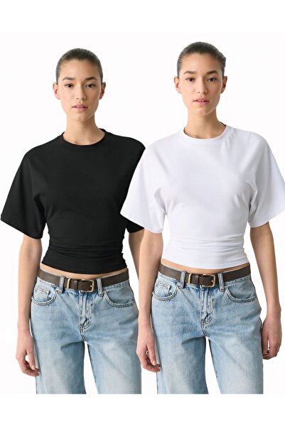 ossons Tricou din bumbac cu mâneci liliac și talie ajustată - Set de 2 Negru-Alb