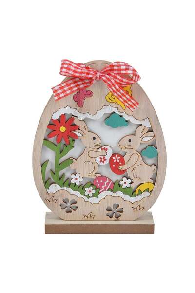 OEM Ξύλινη Πασχαλινή Διακόσμηση Αυγό Κουνέλι σε Φυσικό Χρώμα & Καρό 11x2.5x14εκ.
