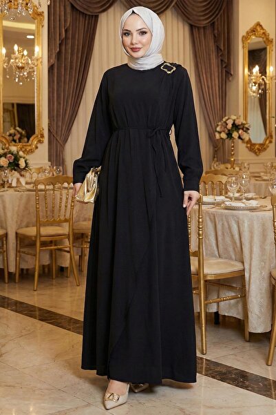 hafsamina Buckle Detailed Tie-Up Hijab Dress Black Hm2887