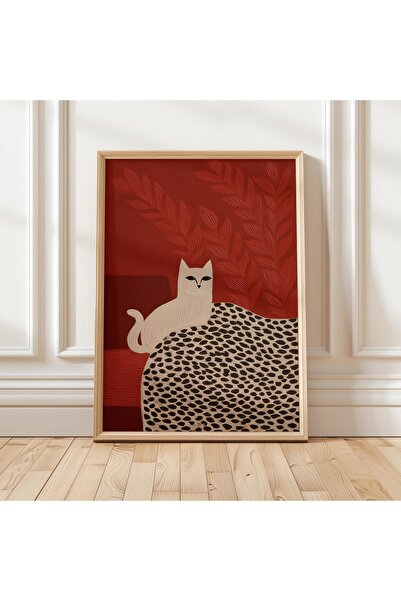 NinaStore Beyaz Kedi Sanat Baskısı - Rahat Kırmızı Arka Planlı Leopar Desenli...