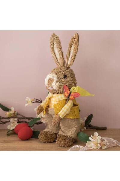 OEM Iepuras Decorativ de Paste din Iarba cu Fluture Rosu 12x10x37cm