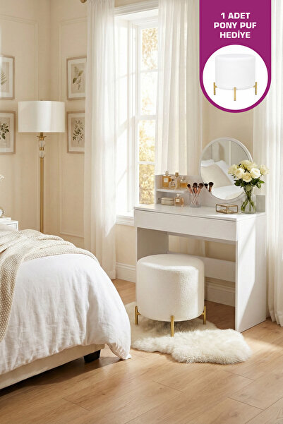 VİLİNZE Urla Tek Çekmece Bölmeli Organizer Kozmetik Aynalı Mini Makyaj Masası