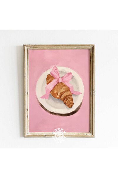 NinaStore Pembe Mutfak Baskısı/ Pembe Kurdeleli Kruvasan Dijital Baskı/ Şık O...