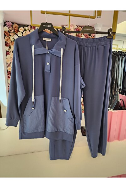FUAT GÜRSEN kadın indigo taş detaylı çift cepli arkası fırfırlı takım