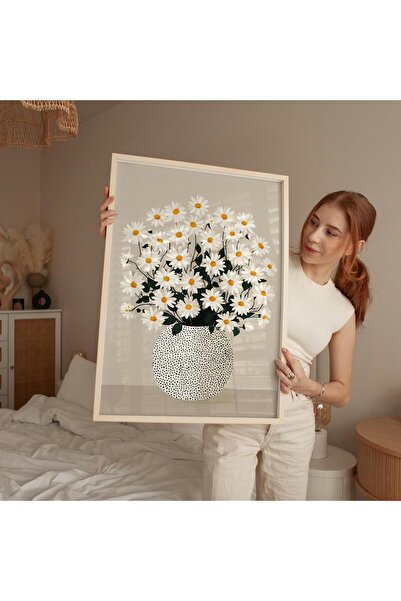 NinaStore Papatya Çiçeği Vazo Duvar Sanatı Bej Botanik Baskılı Modern Çiçek P...