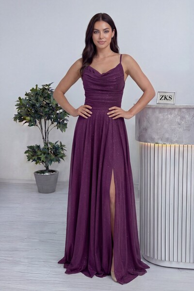 the ZKS Kadın Askılı Ön Drapeli Yırtmaçlı Simli Abiye Elbise Mürdüm, Lila, Si...