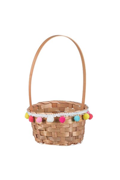 OEM Cos Decorativ de Paste cu Maner de Bambus Pompon Colorate Ø18x30cm