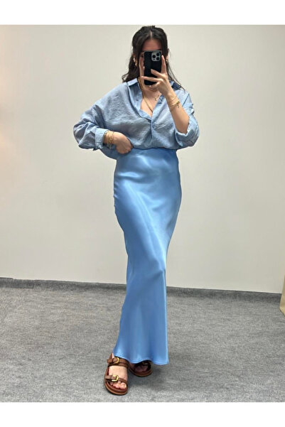 MAESTRO WOMAN Γυναικεία μπλε σατέν φούστα με μακριά ελαστική μέση