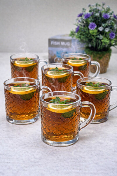 OEM Set of 6 Glass Mugs 220 ml Joker Fish, Textured Scale Pattern, For Coffee...