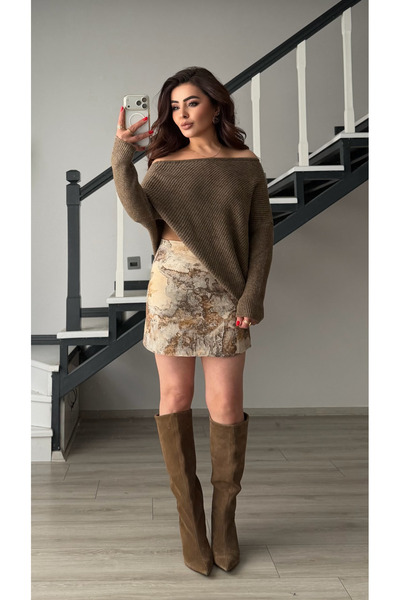 Oslove Coffee-cream ethnic pattern mini skirt