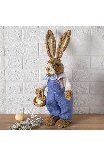 OEM Figurina Decorativa de Paste Iepuras cu Salopeta Albastra & Cos cu Oua 47cm