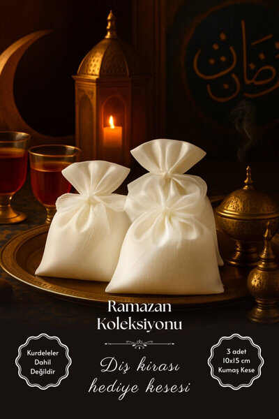 Bimotif طقم أسنان خاص لرمضان، كيس هدايا كريمي لموسم الأعياد (3 قطع)، حرير عثم...