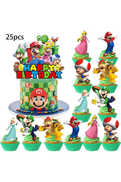 Choice مينيسو - ٢٥ قطعة من زينة كعكة ماريو، زينة كب كيك، زينة عيد ميلاد ماريو...