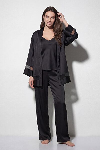 Espuar Women's Tulle Detailed Satin 3-Piece Pajama Set with Dressing Gown 4300