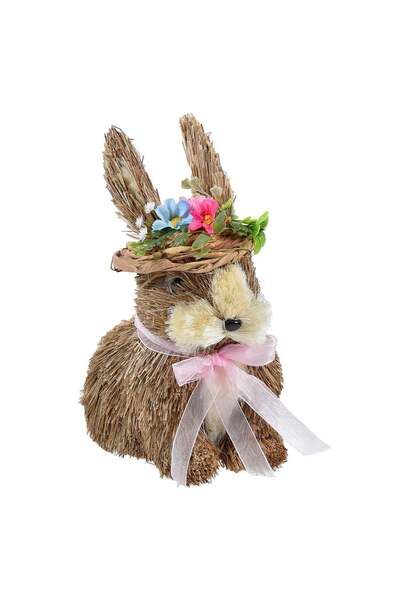 OEM Decoratiune de Paste din Iarba Figurina Iepuras cu Panglica Roz Palarie &...