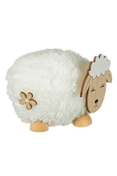 OEM Decoratiune din Lemn de Paste Figurina Oaie cu Blana Artificiala Alba 10cm