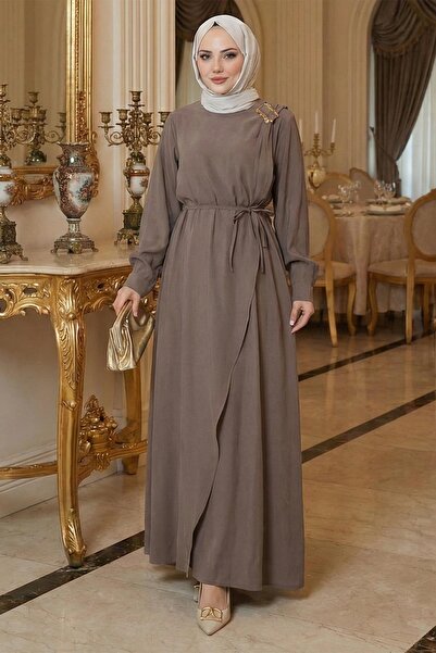 hafsamina Toka Detaylı Bağlamalı Tesettür Elbise Vizon HM2887