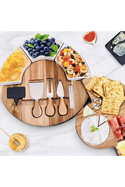 Woodly Romania Elegant Acacia Wood Cheese Platter with Knife Set