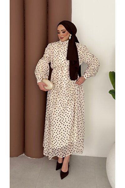 demet's collection HELİN Puantiyeli Şifon Büzgülü Elbise
