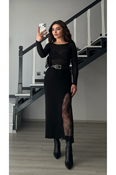 Oslove Black lace slit waist elastic knit skirt