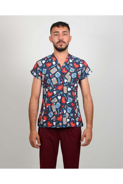 Formakoloji EKG ve Medikal Ekipman Desenli Yarasa Kol Scrubs (Sadece Üst)