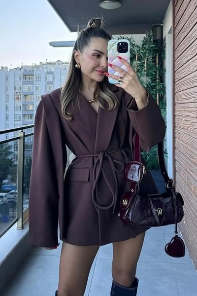 SEREN TEKSTİL Design Belted Oversize Blazer Jacket