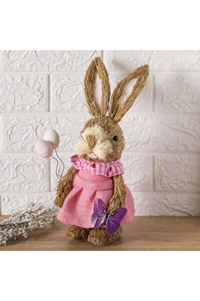 OEM Figurina Decorativa de Paste din Iarba Iepure cu Rochie Roz Fluture Oua 28cm