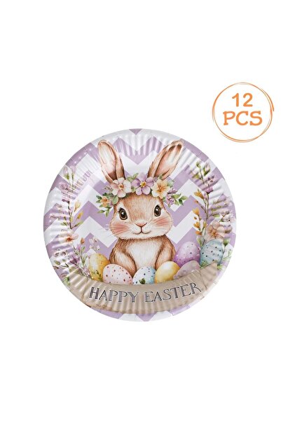OEM Farfurii de Petrecere din Carton Alb Lila cu Model Oua Iepure "Happy East...