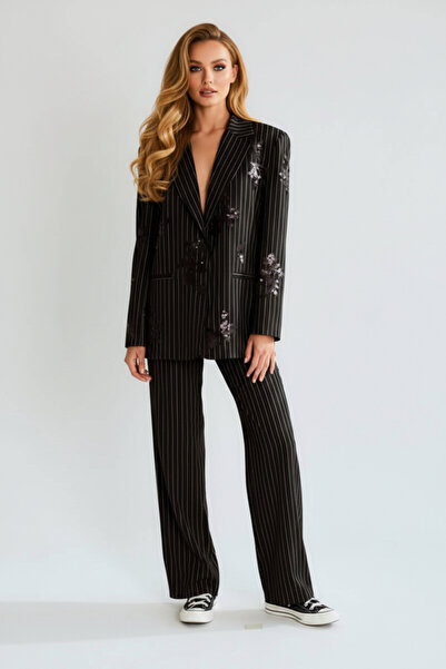 BIGNUANCE Floral Detailed Oversized Black Blazer Suit