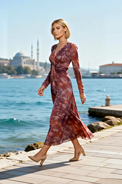 BENERLY Women's Maxi Dress V-Neck Long Sleeve Lined Knitted Tulle Abstract Pa...