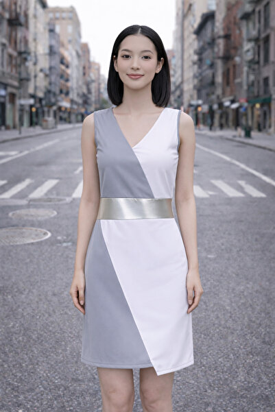 AQE FASHION Women's Dress White Gray Sleeveless Double Breasted Collar Waist ...