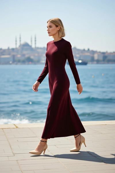 BENERLY Rochie maxi de damă, croială în A, decolteu rotund, mânecă lungă stan...