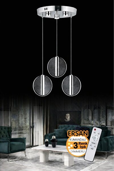 Ersan Avize Head 3'lü Krom Kumandalı 3 Renk Işık Özellikli Dimmerli Modern Sa...