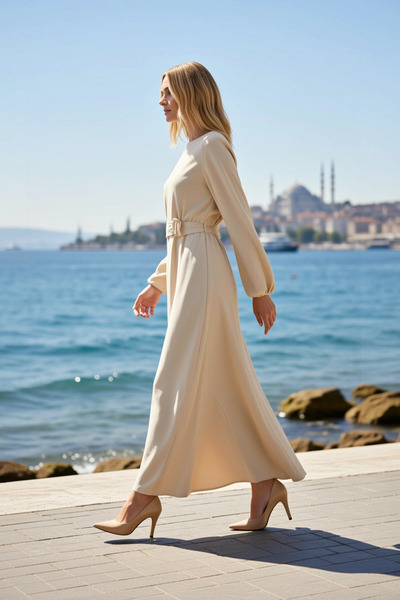 BENERLY Women's Maxi Dress Crew Neck Long Sleeve Belted Woven Look Unlined Pl...