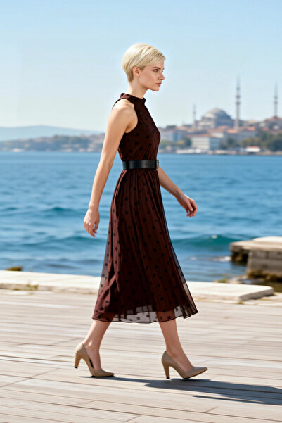 BENERLY Women's Dress Halter Neck Sleeveless Maxi Length Polka Dot Skater Pat...