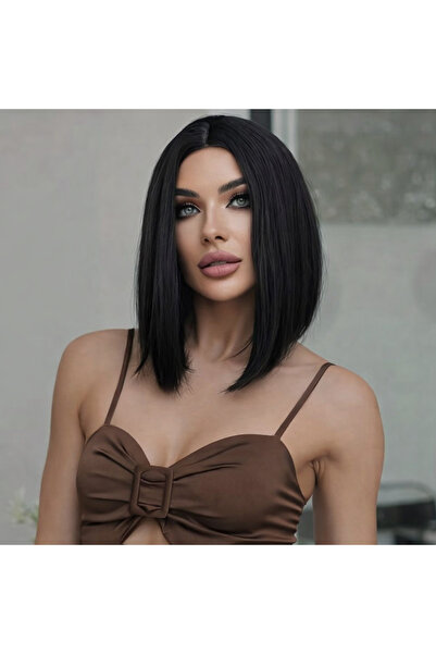 NeednStore Kadın Siyah Küt Perçemsiz Peruk - 35 cm serisi 1. Kalite Isıya Day...