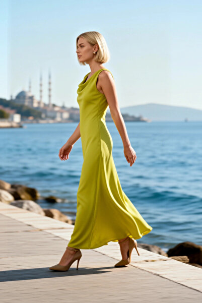 BENERLY Rochie maxi de damă, cu decolteu în V, fără mâneci, din satin țesut, ...